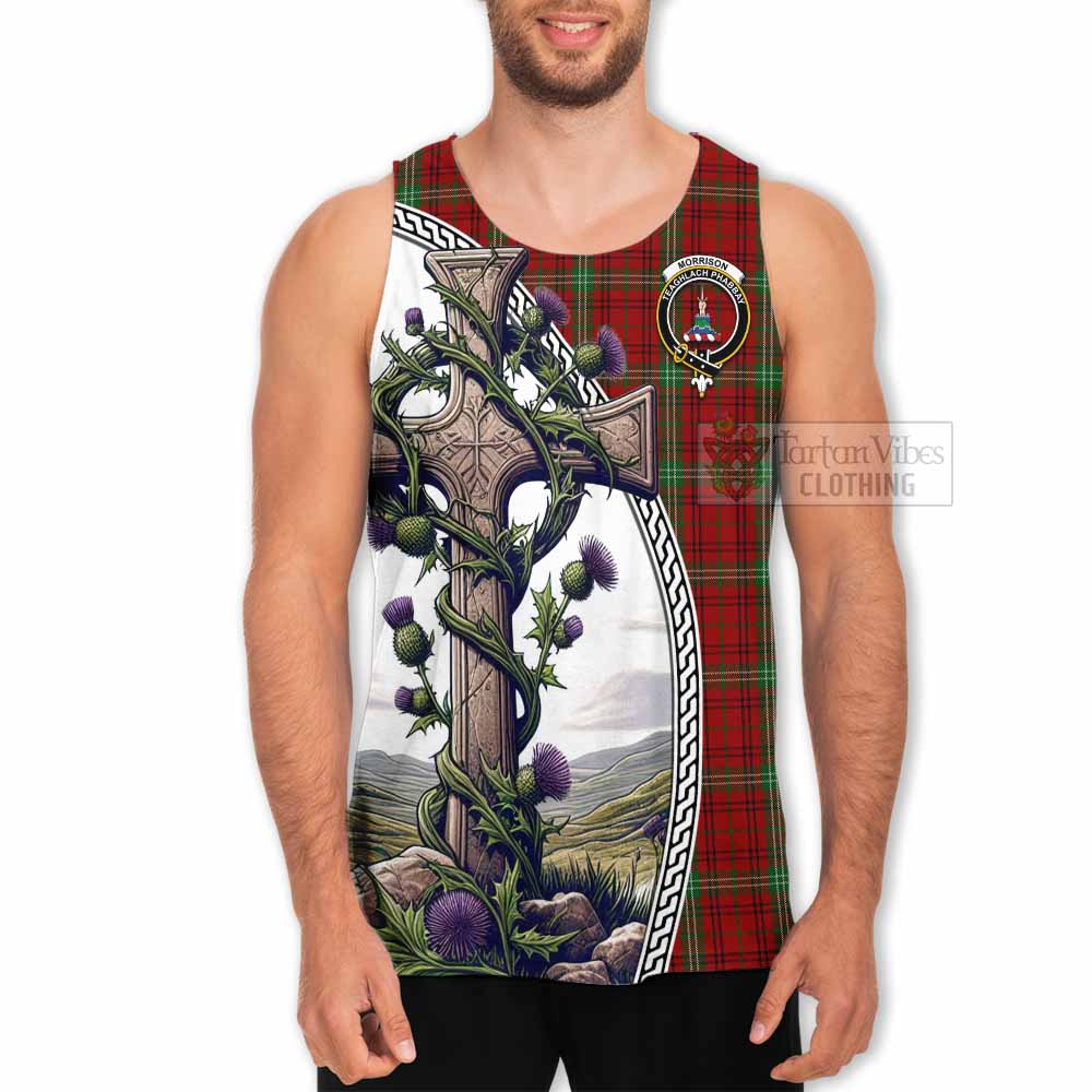 Morrison Tartan Men's Tank Top with Family Crest and St. Andrew's Cross Accented by Thistle Vines - Tartan Vibes Clothing
