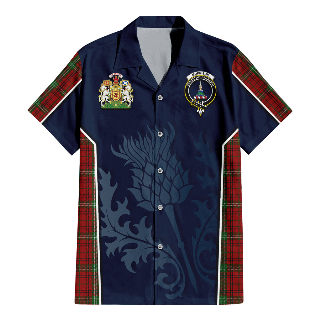 Tartan Vibes Clothing Morrison Tartan Short Sleeve Button Up Shirt with Family Crest and Scottish Thistle Vibes Sport Style