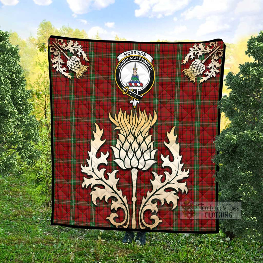 Tartan Vibes Clothing Morrison Tartan Quilt with Family Crest and Golden Thistle Style