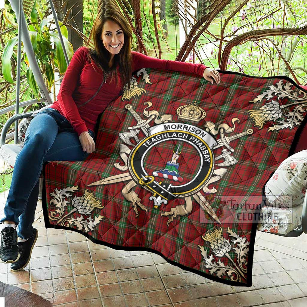 Tartan Vibes Clothing Morrison Tartan Quilt with Family Crest and Scottish Golden Courage Shield