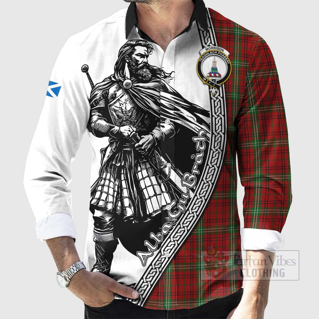 Tartan Vibes Clothing Morrison Tartan Clan Crest Long Sleeve Button Shirt with Highlander Warrior Celtic Style