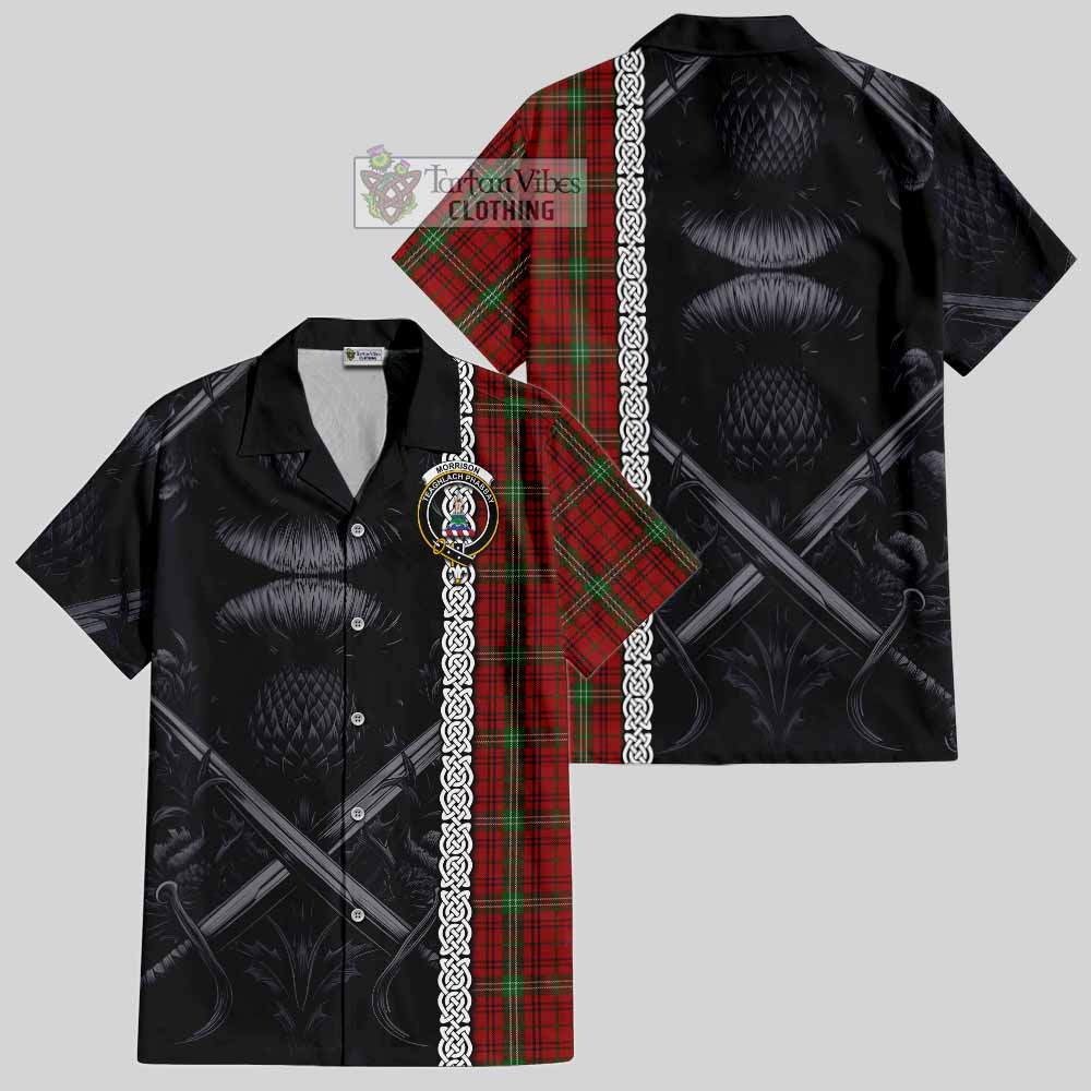 Morrison Tartan Hawaiian Shirt with Family Crest Cross Sword Thistle Celtic Vibes - Tartan Vibes Clothing