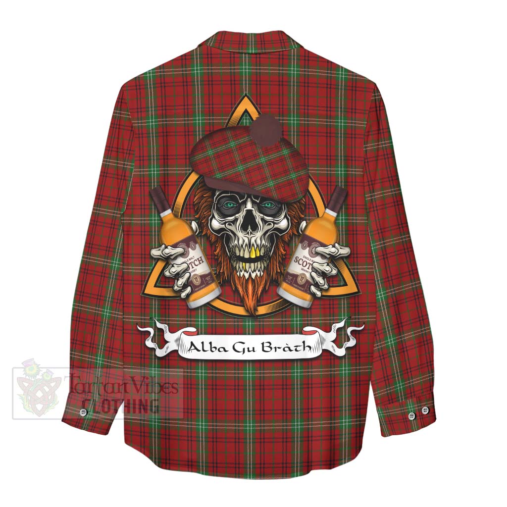 Tartan Vibes Clothing Morrison Tartan Women's Casual Shirt with Family Crest and Bearded Skull Holding Bottles of Whiskey