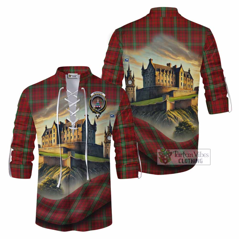 Morrison Tartan Family Crest Ghillie Kilt Shirt with Scottish Ancient Castle Style - Tartan Vibes Clothing