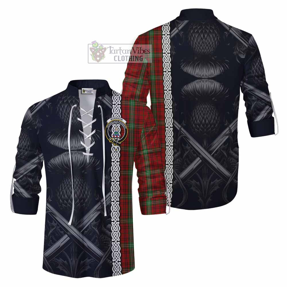 Morrison Tartan Ghillie Kilt Shirt with Family Crest Cross Sword Thistle Celtic Vibes - Tartan Vibes Clothing