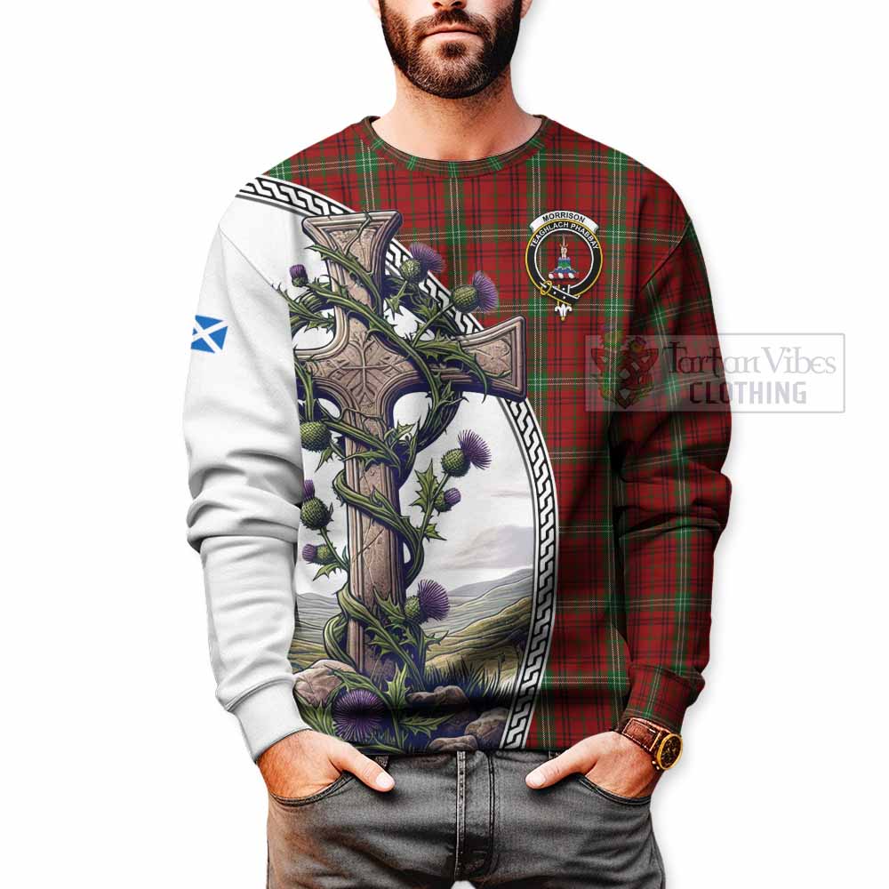 Tartan Vibes Clothing Morrison Tartan Sweatshirt with Family Crest and St. Andrew's Cross Accented by Thistle Vines