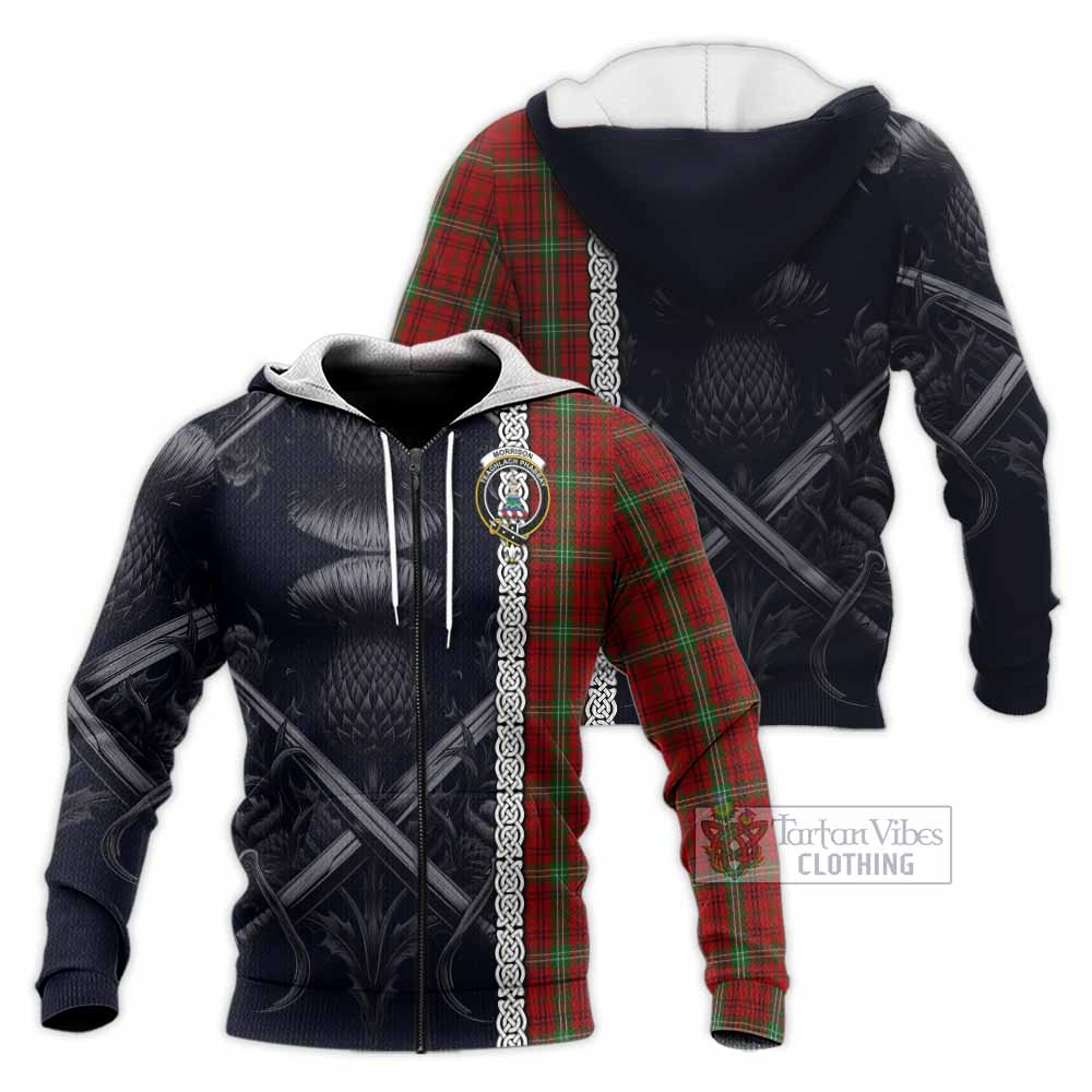 Morrison Tartan Knitted Hoodie with Family Crest Cross Sword Thistle Celtic Vibes Unisex Knitted Zip Hoodie - Tartan Vibes Clothing