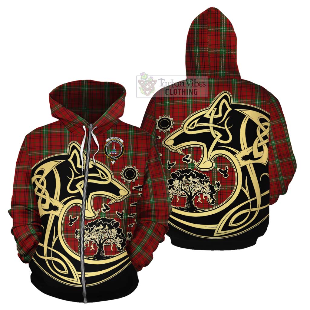 Tartan Vibes Clothing Morrison Tartan Cotton Hoodie with Family Crest Celtic Wolf Style