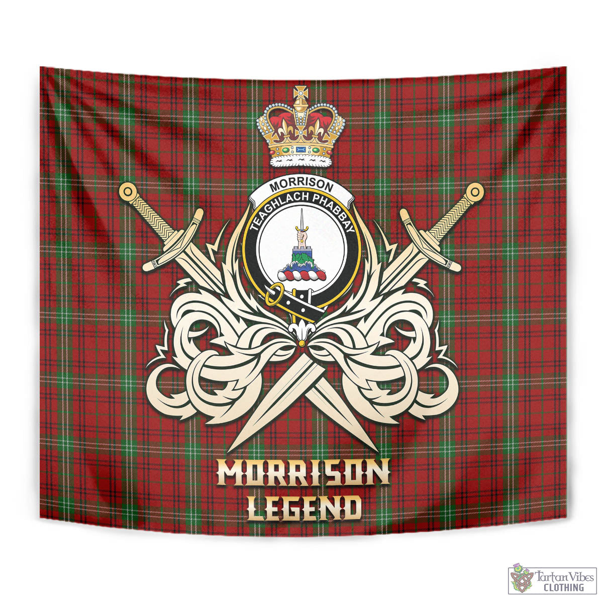 Tartan Vibes Clothing Morrison Tartan Tapestry with Clan Crest and the Golden Sword of Courageous Legacy