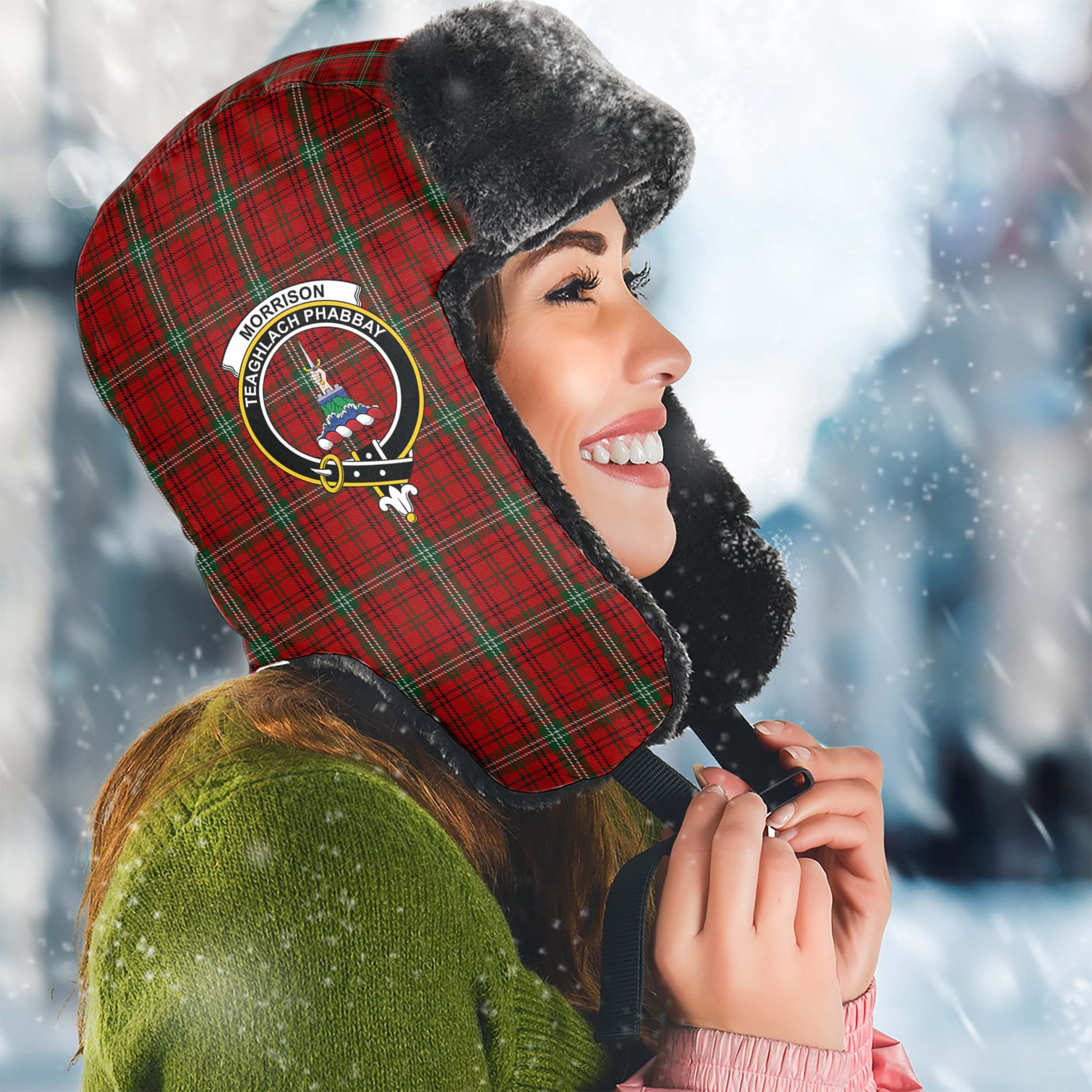 Morrison Ancient Tartan Winter Trapper Hat with Family Crest Winter Trapper Hat Universal Fit Circumference 22.8in (58cm) - Tartanvibesclothing