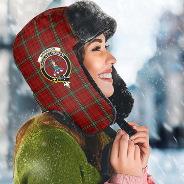 Morrison Red Tartan Winter Trapper Hat with Family Crest