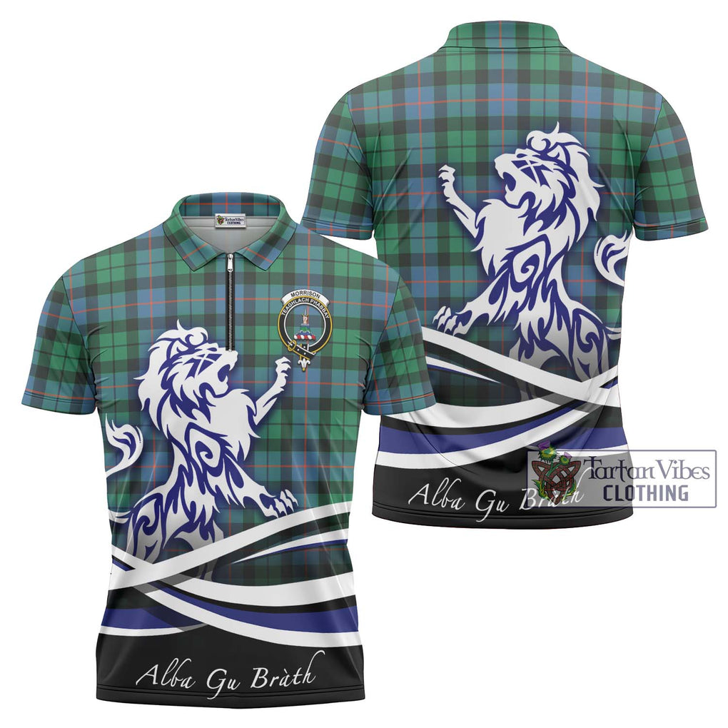 Morrison Ancient Tartan Zipper Polo Shirt with Alba Gu Brath Regal Lion Emblem Unisex - Tartanvibesclothing Shop