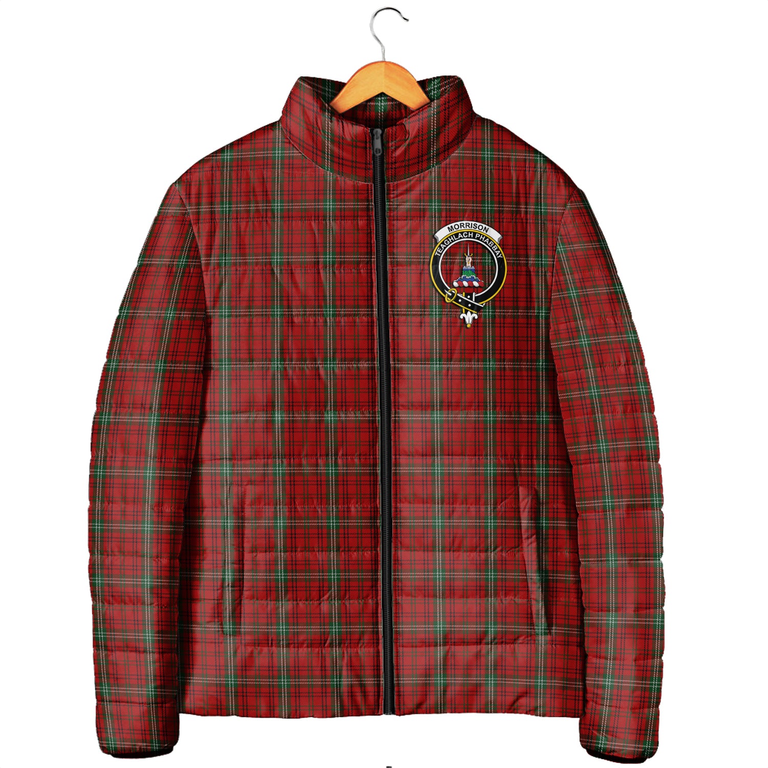 Morrison Red Tartan Padded Jacket with Family Crest Men's Padded Jacket - Tartan Vibes Clothing