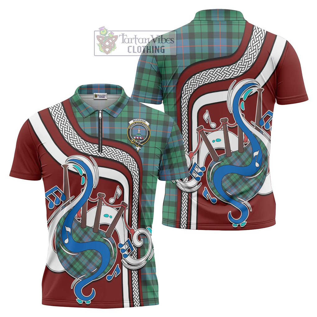 Morrison Ancient Tartan Zipper Polo Shirt with Epic Bagpipe Style Unisex - Tartanvibesclothing Shop