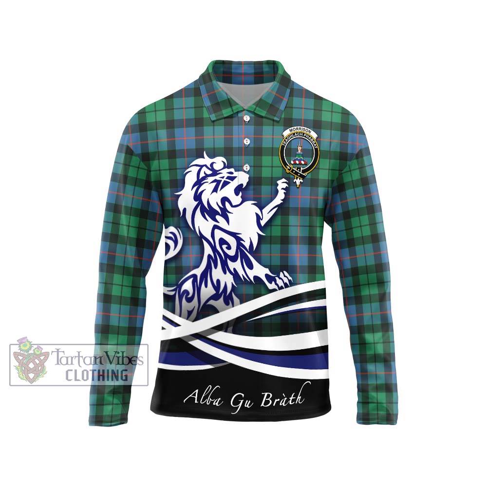 Morrison Ancient Tartan Long Sleeve Polo Shirt with Alba Gu Brath Regal Lion Emblem Unisex - Tartanvibesclothing Shop