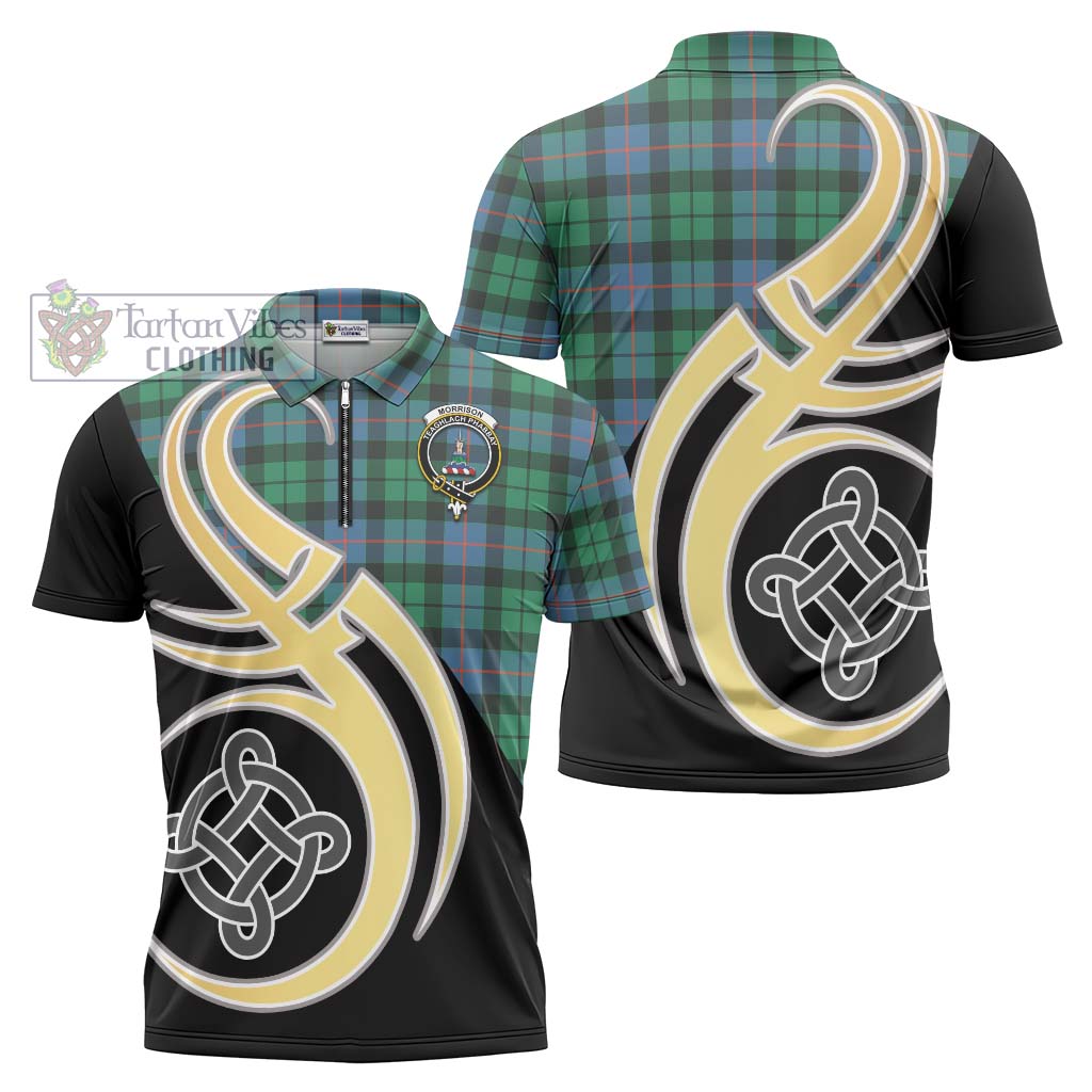 Tartan Vibes Clothing Morrison Ancient Tartan Zipper Polo Shirt with Family Crest and Celtic Symbol Style