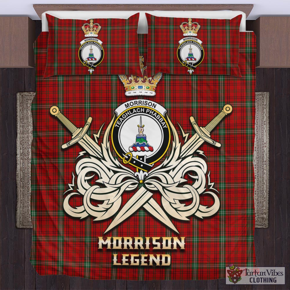 Tartan Vibes Clothing Morrison Ancient Tartan Bedding Set with Clan Crest and the Golden Sword of Courageous Legacy