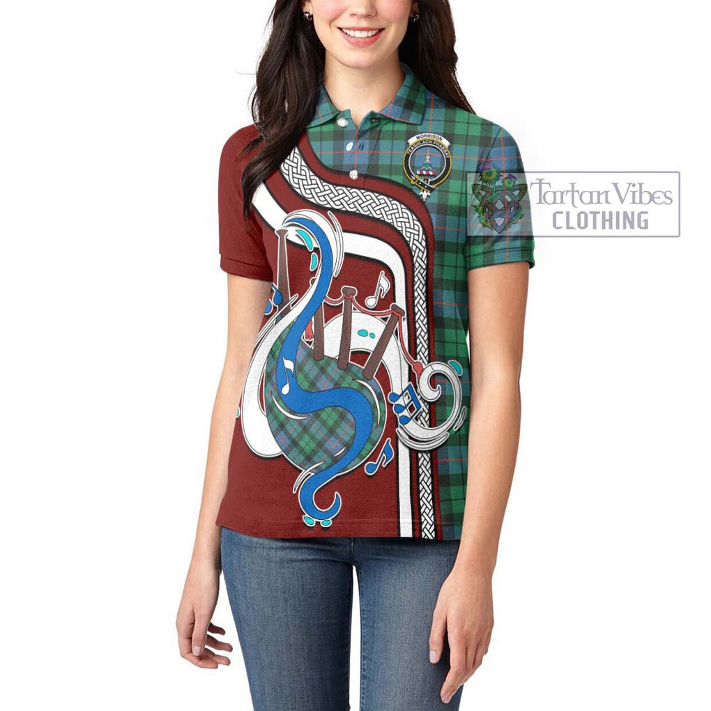 Morrison Ancient Tartan Women's Polo Shirt with Epic Bagpipe Style - Tartanvibesclothing Shop