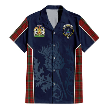 Morrison Red Tartan Short Sleeve Button Up Shirt with Family Crest and Scottish Thistle Vibes Sport Style