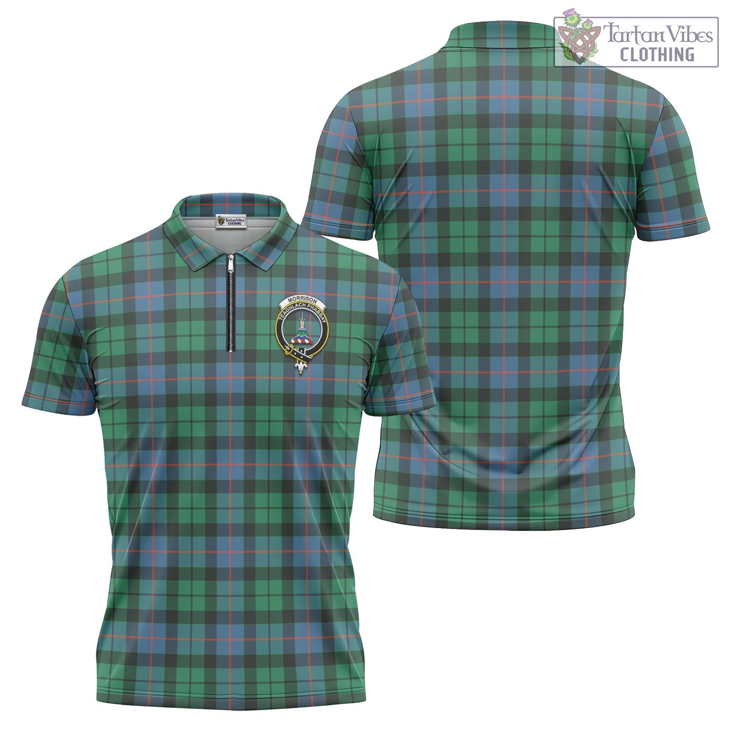 Tartan Vibes Clothing Morrison Ancient Tartan Zipper Polo Shirt with Family Crest