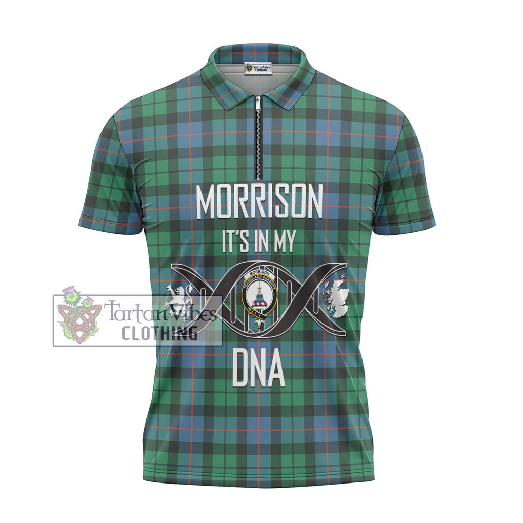 Morrison Ancient Tartan Zipper Polo Shirt with Family Crest DNA In Me Style - Tartanvibesclothing Shop