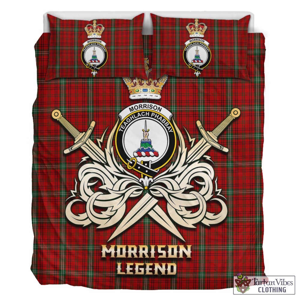 Tartan Vibes Clothing Morrison Ancient Tartan Bedding Set with Clan Crest and the Golden Sword of Courageous Legacy