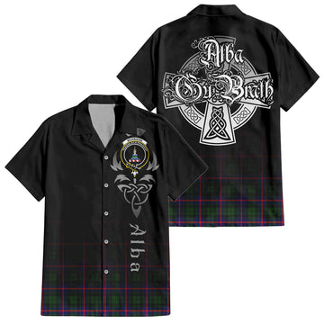 Morrison Modern Tartan Short Sleeve Button Up Shirt Featuring Alba Gu Brath Family Crest Celtic Inspired