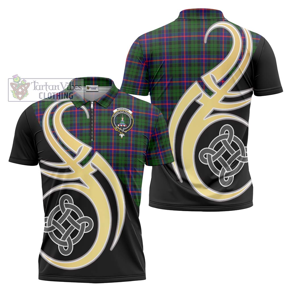 Tartan Vibes Clothing Morrison Modern Tartan Zipper Polo Shirt with Family Crest and Celtic Symbol Style