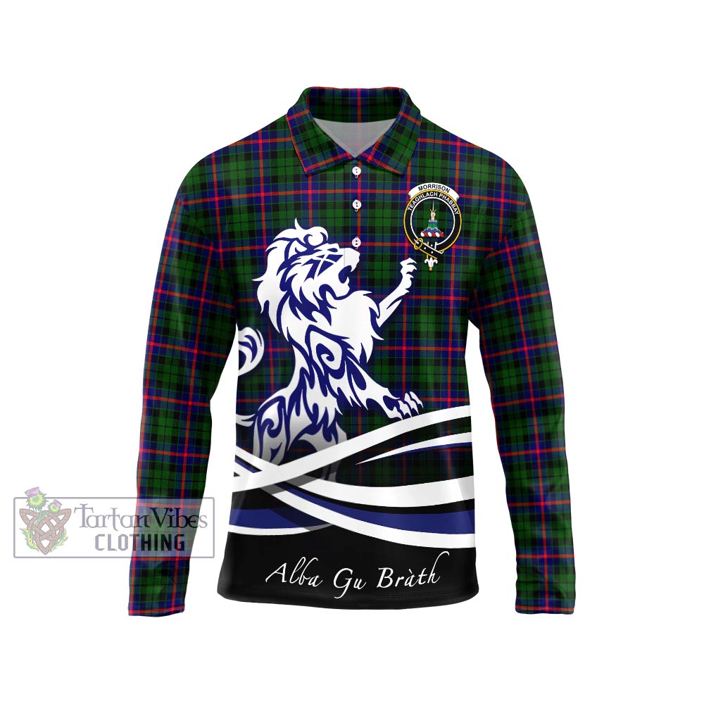 Morrison Modern Tartan Long Sleeve Polo Shirt with Alba Gu Brath Regal Lion Emblem Unisex - Tartanvibesclothing Shop