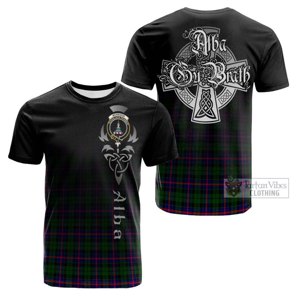 Tartan Vibes Clothing Morrison Modern Tartan Cotton T-shirt Featuring Alba Gu Brath Family Crest Celtic Inspired