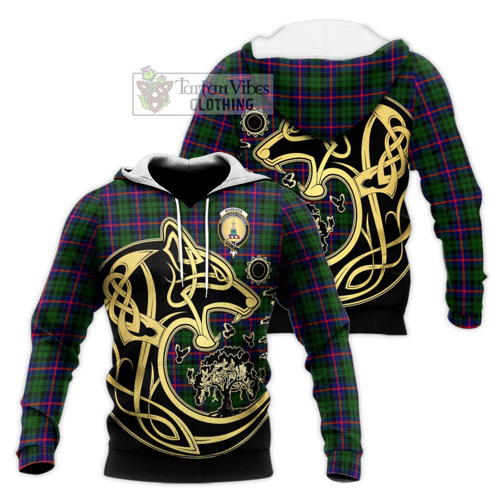 Morrison Modern Tartan Knitted Hoodie with Family Crest Celtic Wolf Style Unisex Knitted Pullover Hoodie - Tartan Vibes Clothing