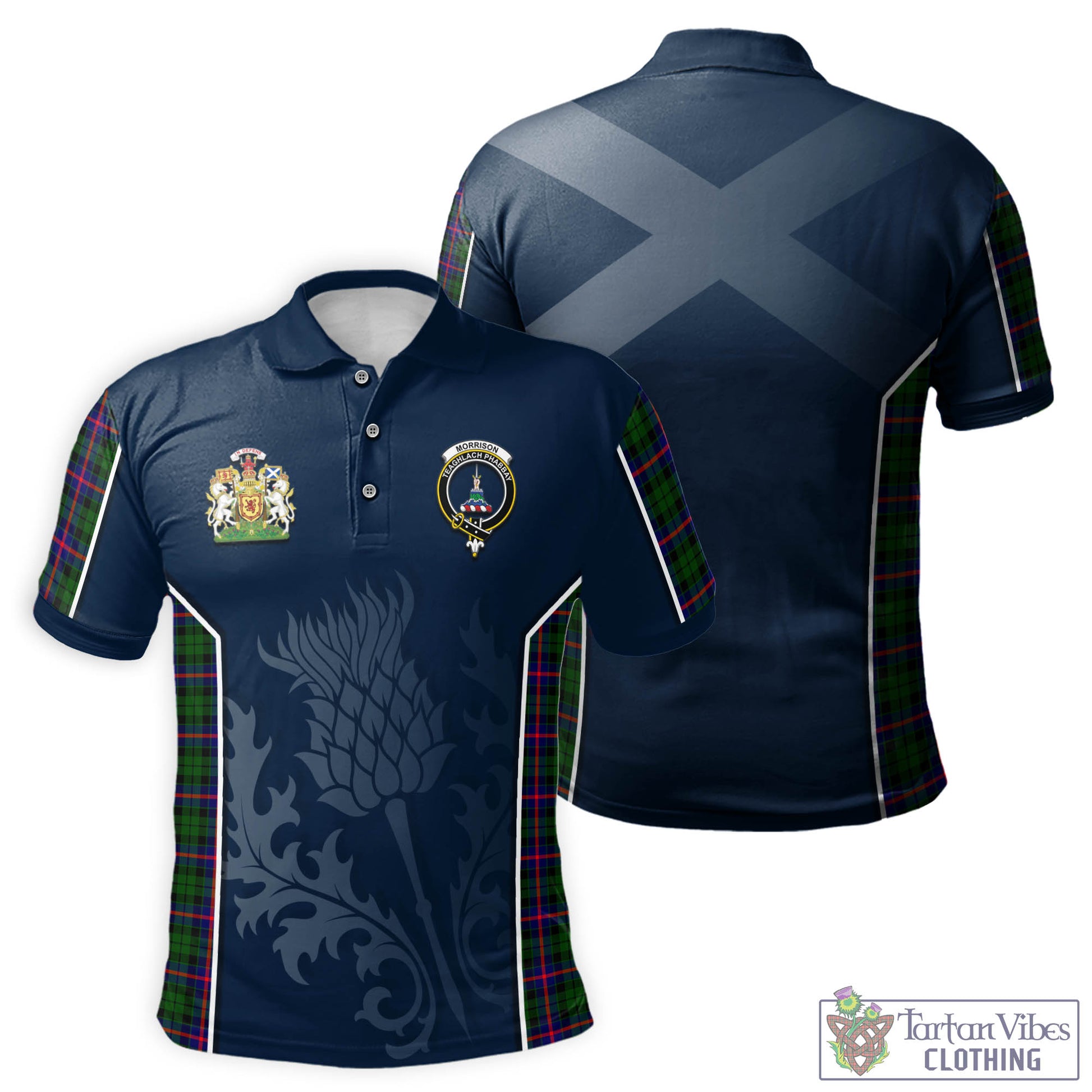 Tartan Vibes Clothing Morrison Modern Tartan Men's Polo Shirt with Family Crest and Scottish Thistle Vibes Sport Style