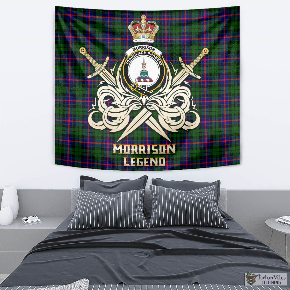 Tartan Vibes Clothing Morrison Modern Tartan Tapestry with Clan Crest and the Golden Sword of Courageous Legacy