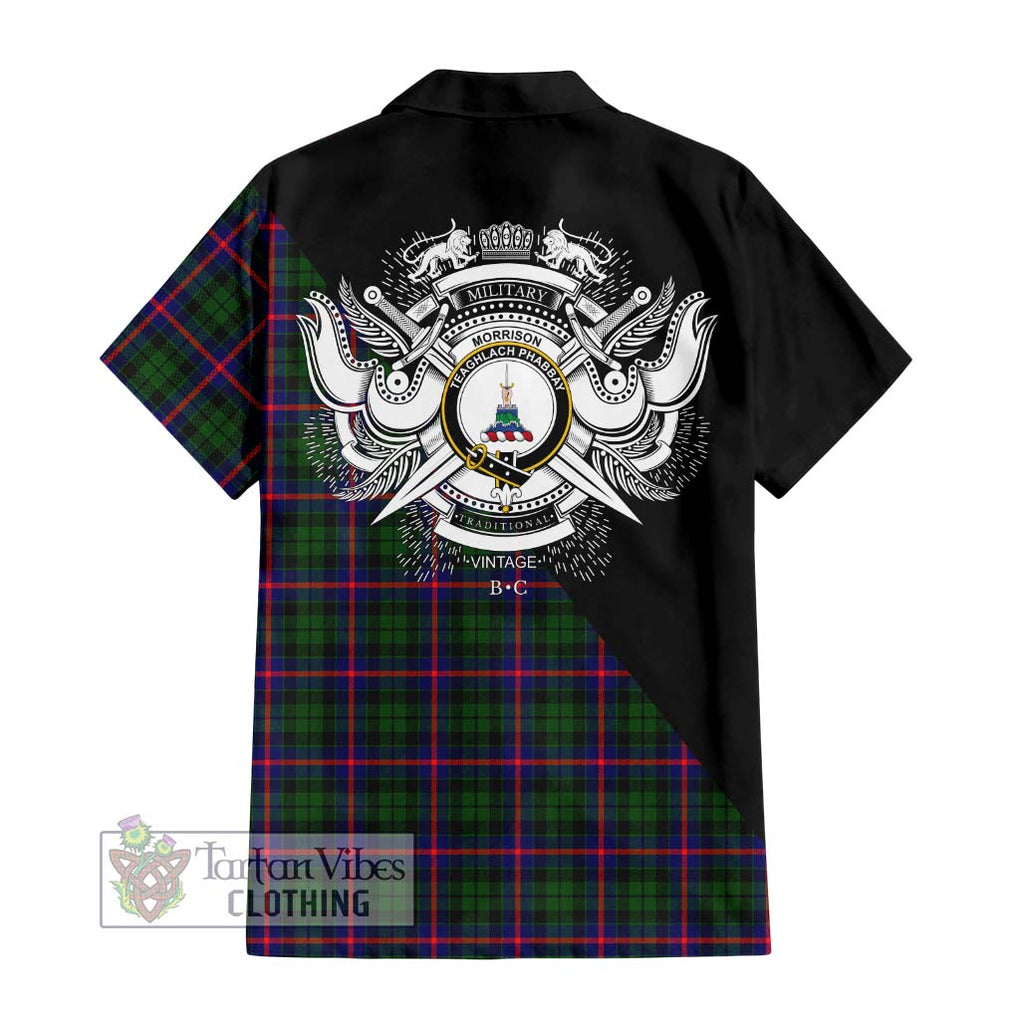 Morrison Modern Tartan Short Sleeve Button Shirt with Family Crest and Military Logo Style - Tartanvibesclothing Shop