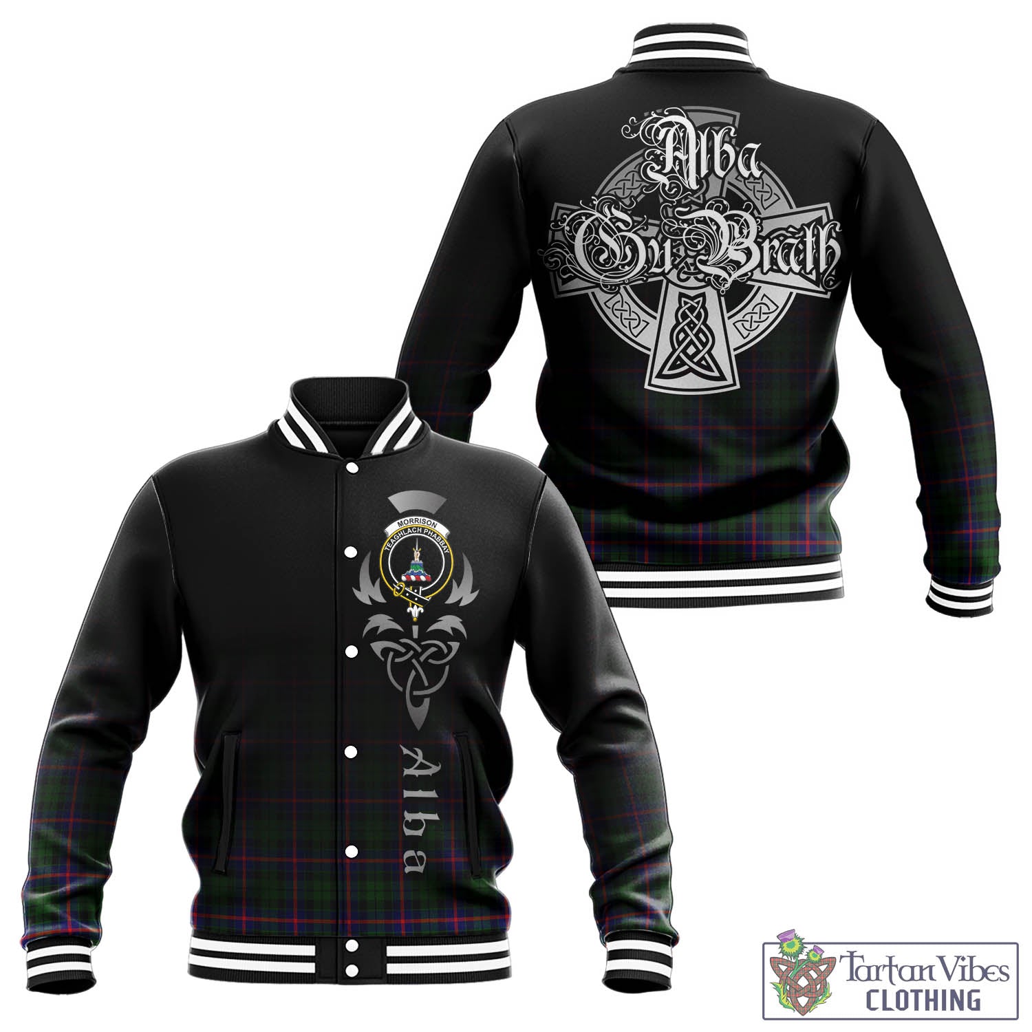 Tartan Vibes Clothing Morrison Modern Tartan Baseball Jacket Featuring Alba Gu Brath Family Crest Celtic Inspired