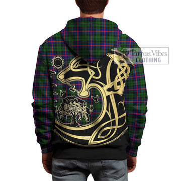 Morrison Modern Tartan Hoodie with Family Crest Celtic Wolf Style