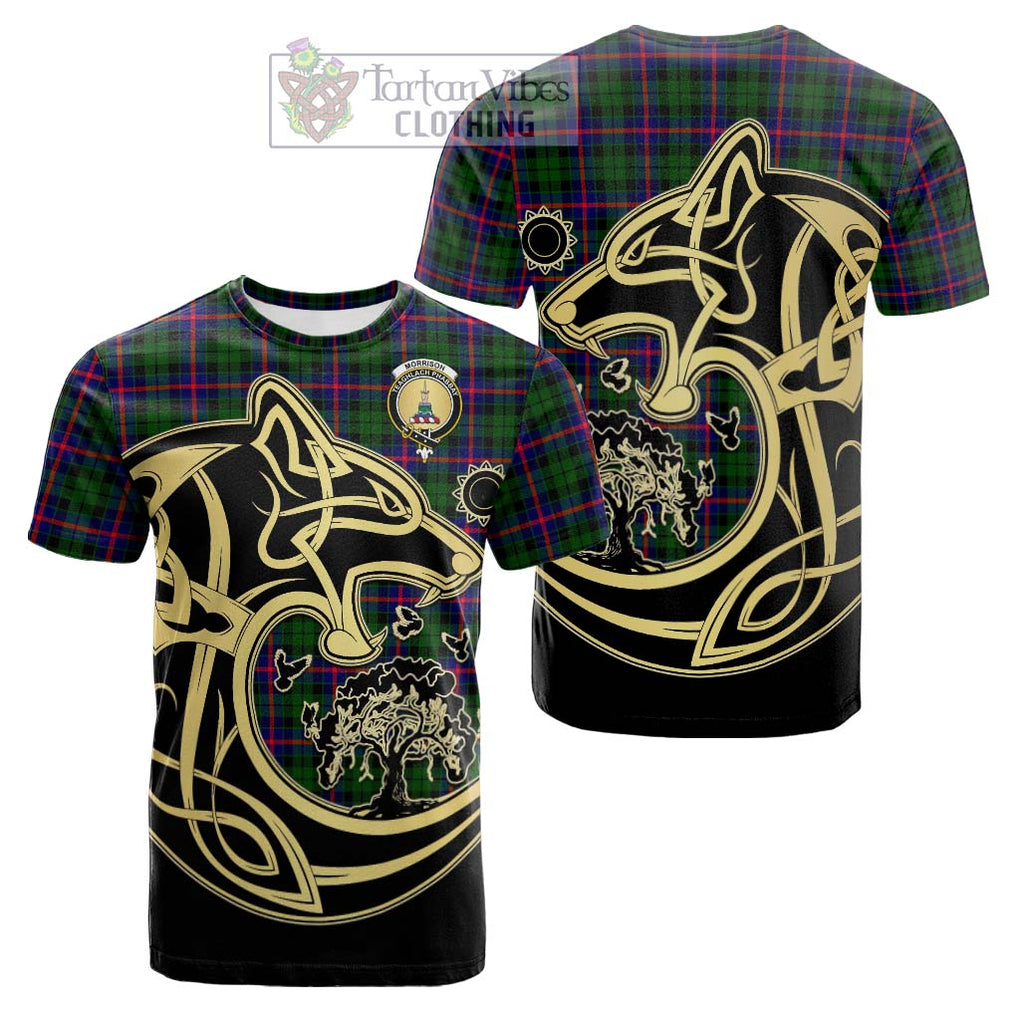 Tartan Vibes Clothing Morrison Modern Tartan Cotton T-shirt with Family Crest Celtic Wolf Style