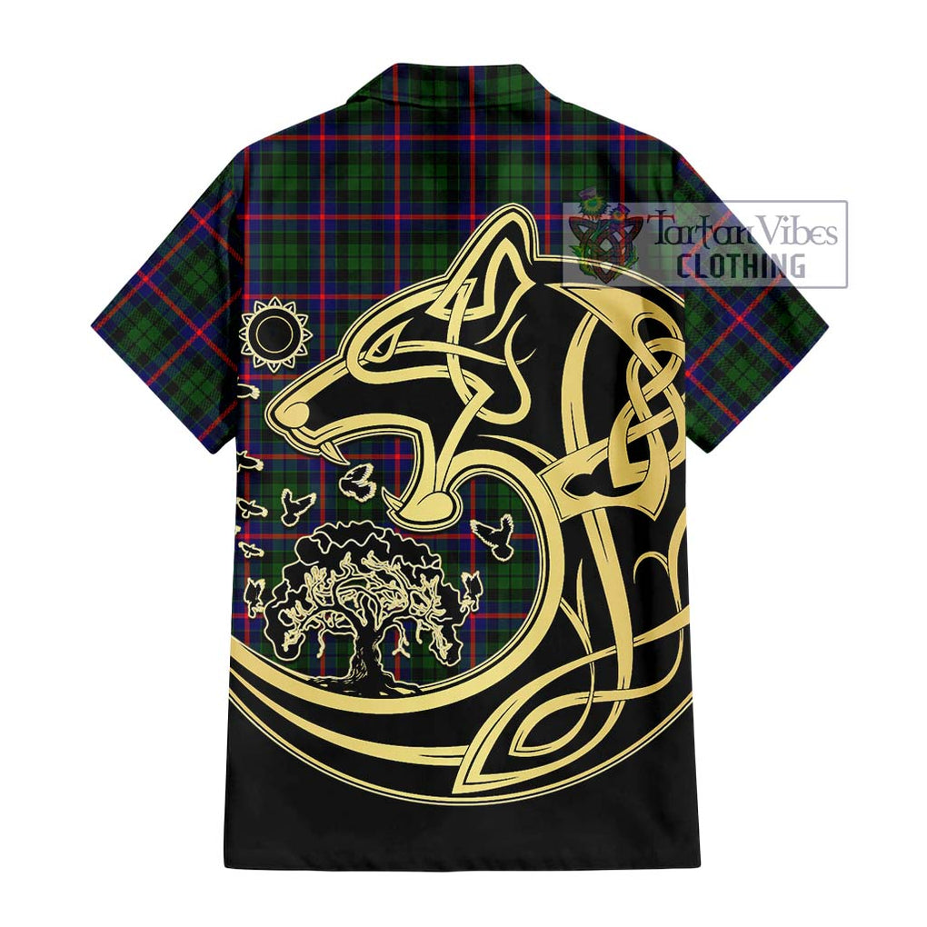 Morrison Modern Tartan Short Sleeve Button Shirt with Family Crest Celtic Wolf Style - Tartan Vibes Clothing