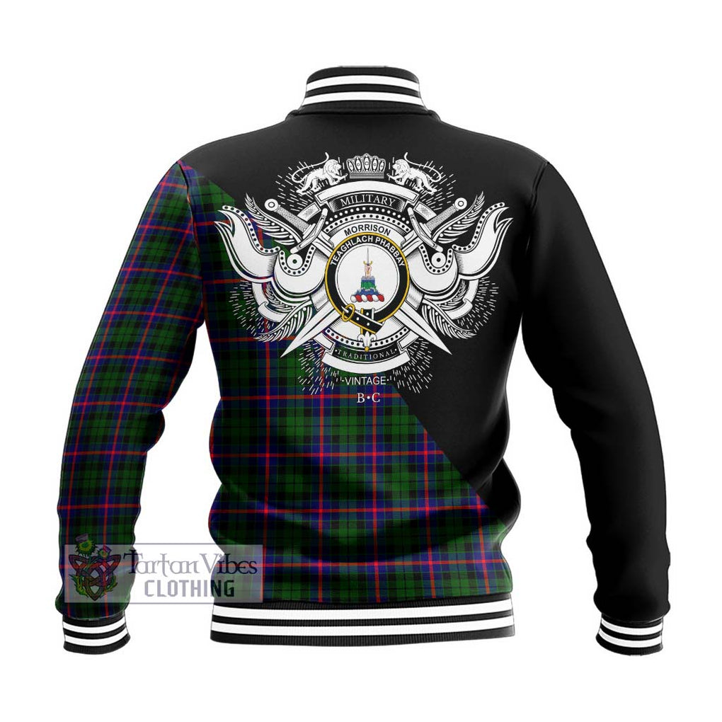 Morrison Modern Tartan Baseball Jacket with Family Crest and Military Logo Style - Tartanvibesclothing Shop