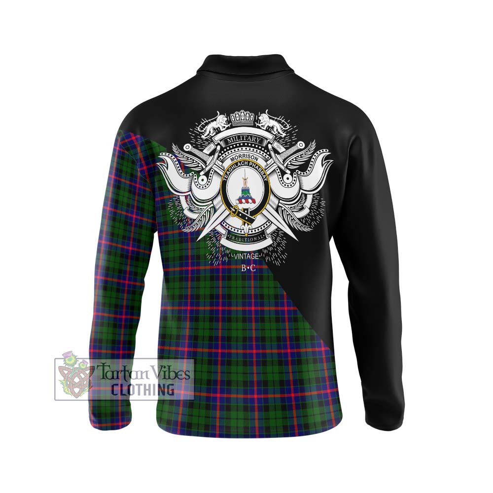 Morrison Modern Tartan Long Sleeve Polo Shirt with Family Crest and Military Logo Style - Tartanvibesclothing Shop