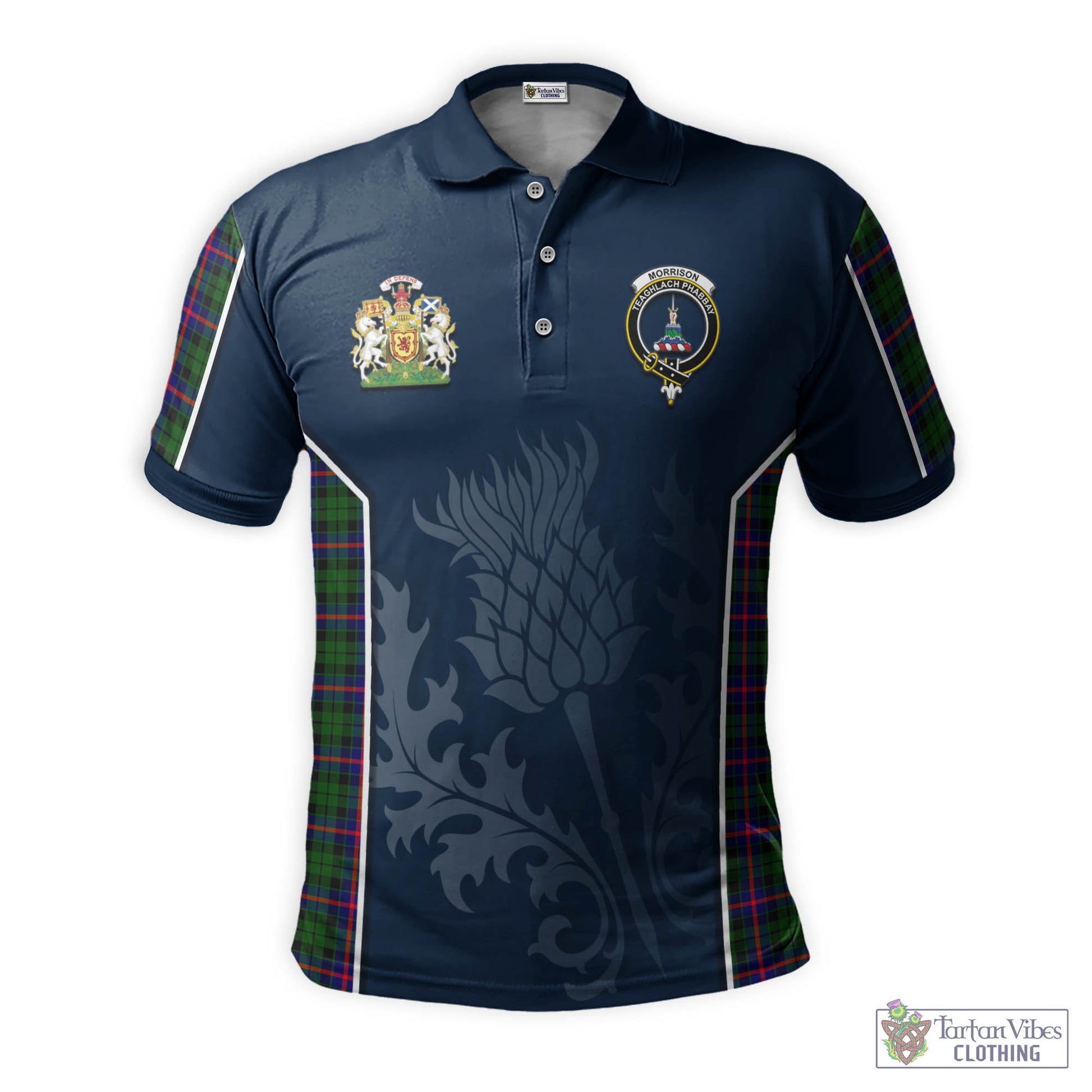 Tartan Vibes Clothing Morrison Modern Tartan Men's Polo Shirt with Family Crest and Scottish Thistle Vibes Sport Style