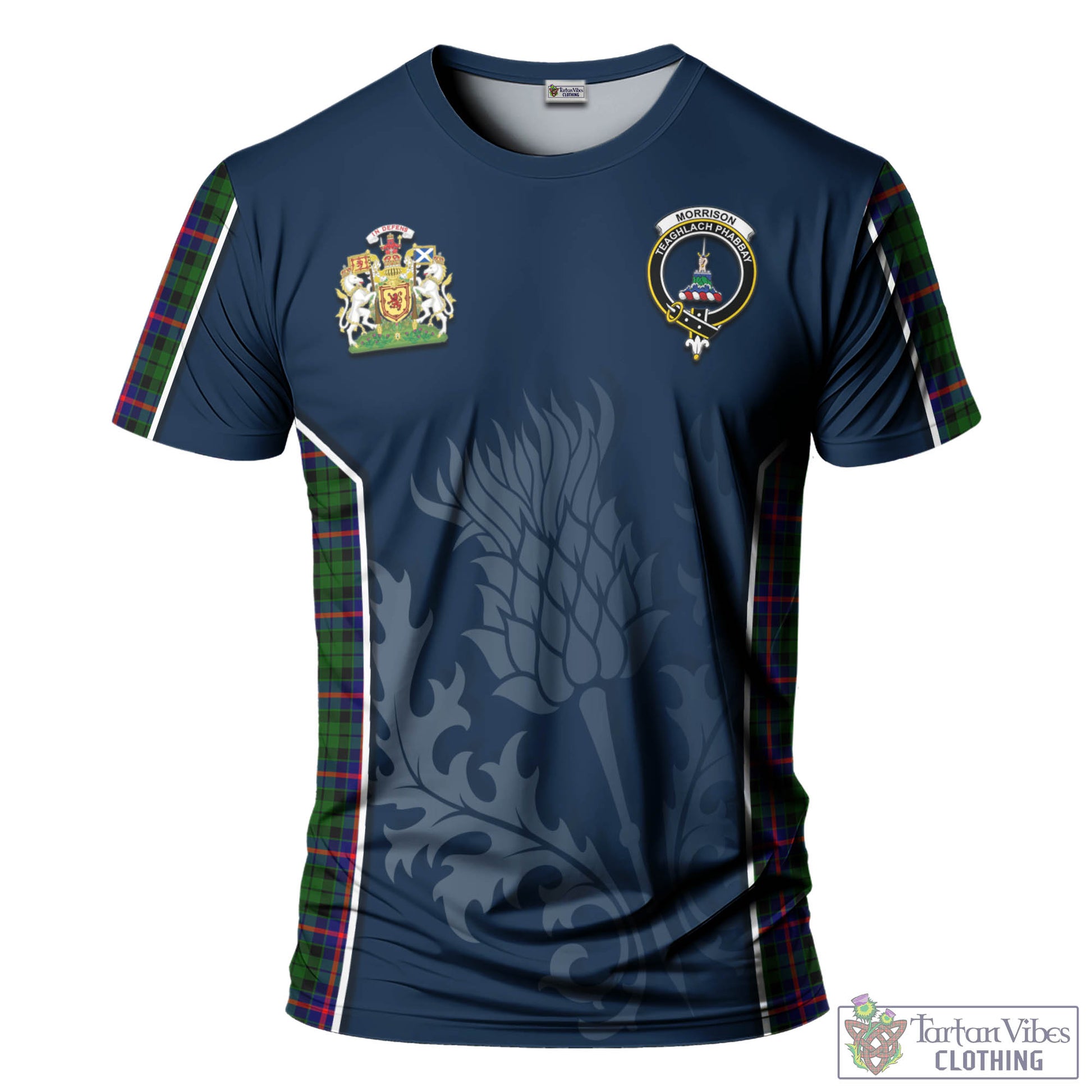 Tartan Vibes Clothing Morrison Modern Tartan T-Shirt with Family Crest and Scottish Thistle Vibes Sport Style