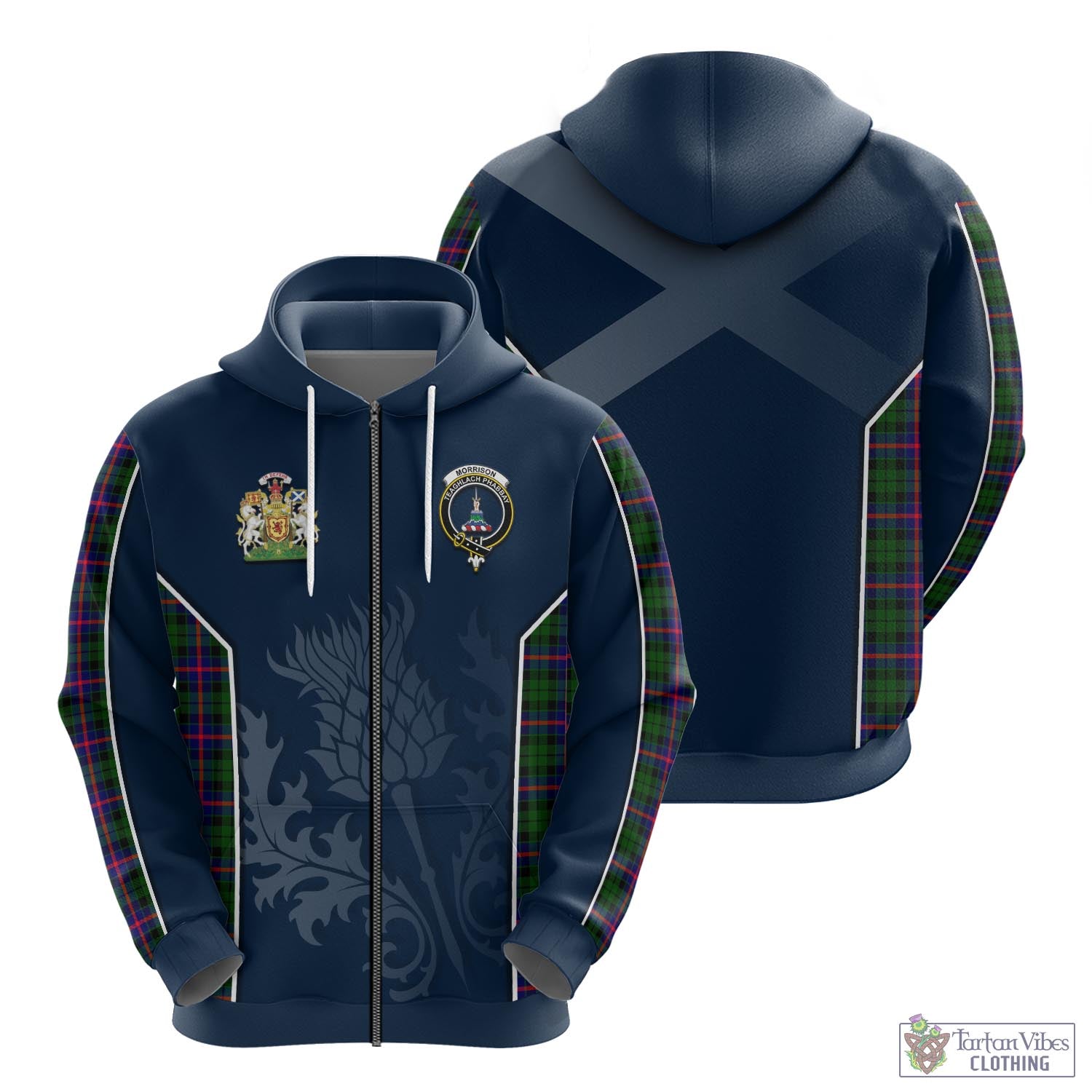 Tartan Vibes Clothing Morrison Modern Tartan Hoodie with Family Crest and Scottish Thistle Vibes Sport Style