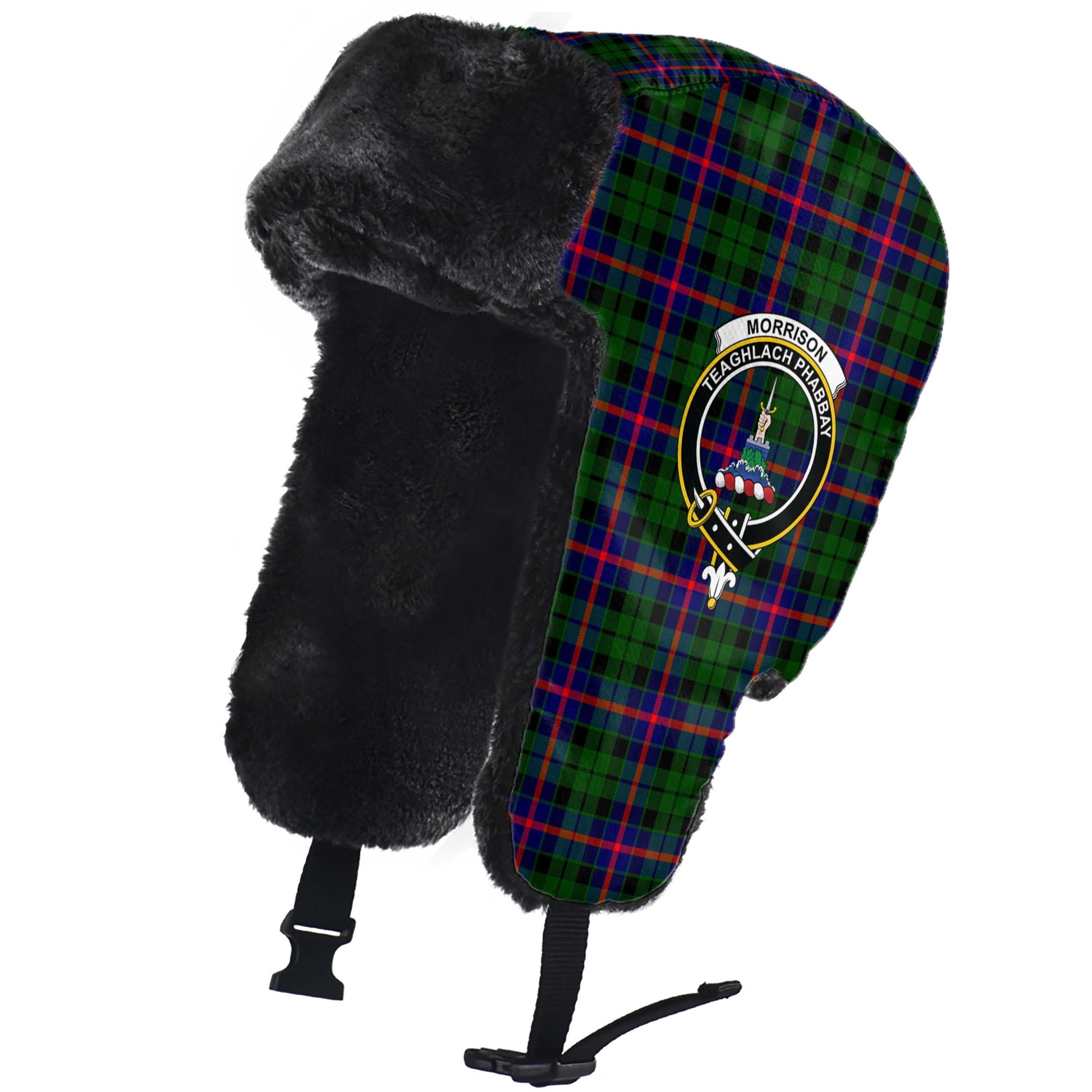 Morrison Modern Tartan Winter Trapper Hat with Family Crest - Tartanvibesclothing