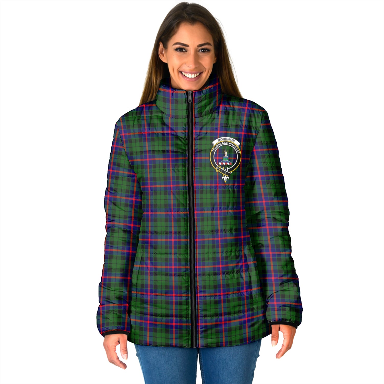 Morrison Modern Tartan Padded Jacket with Family Crest - Tartan Vibes Clothing