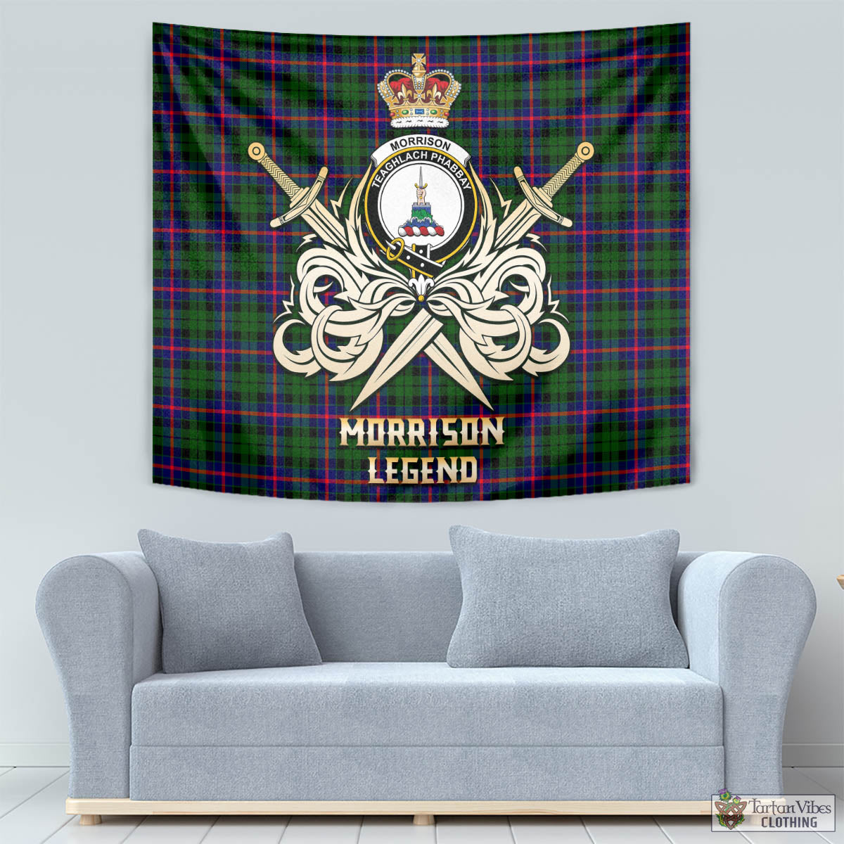 Tartan Vibes Clothing Morrison Modern Tartan Tapestry with Clan Crest and the Golden Sword of Courageous Legacy