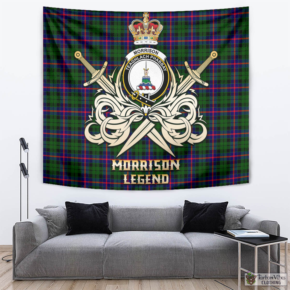 Tartan Vibes Clothing Morrison Modern Tartan Tapestry with Clan Crest and the Golden Sword of Courageous Legacy