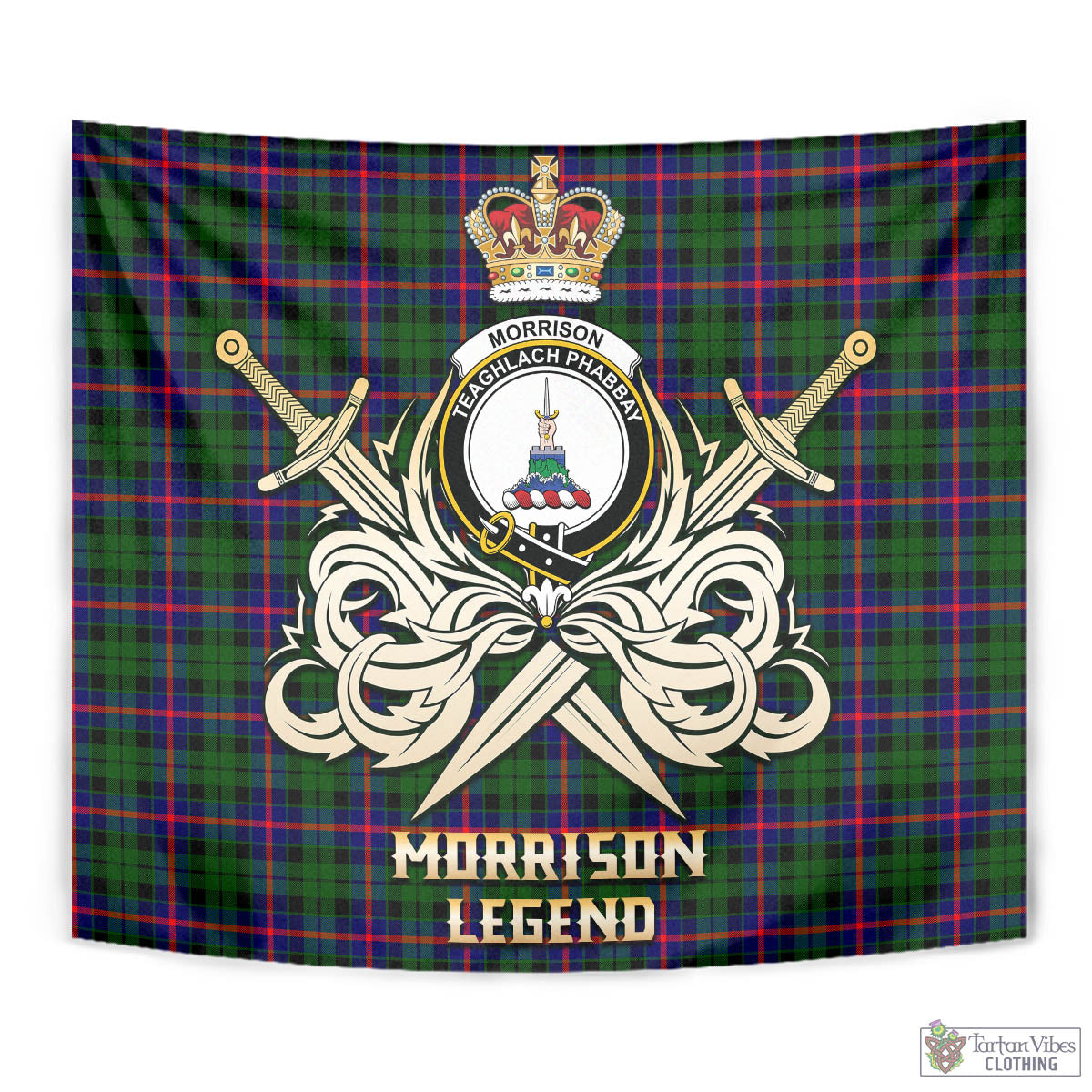 Tartan Vibes Clothing Morrison Modern Tartan Tapestry with Clan Crest and the Golden Sword of Courageous Legacy