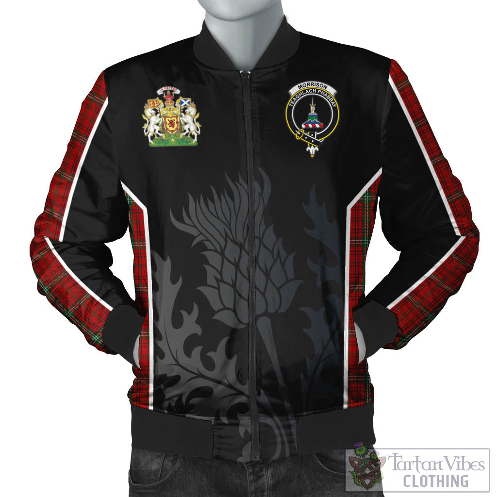 Tartan Vibes Clothing Morrison Red Tartan Bomber Jacket with Family Crest and Scottish Thistle Vibes Sport Style