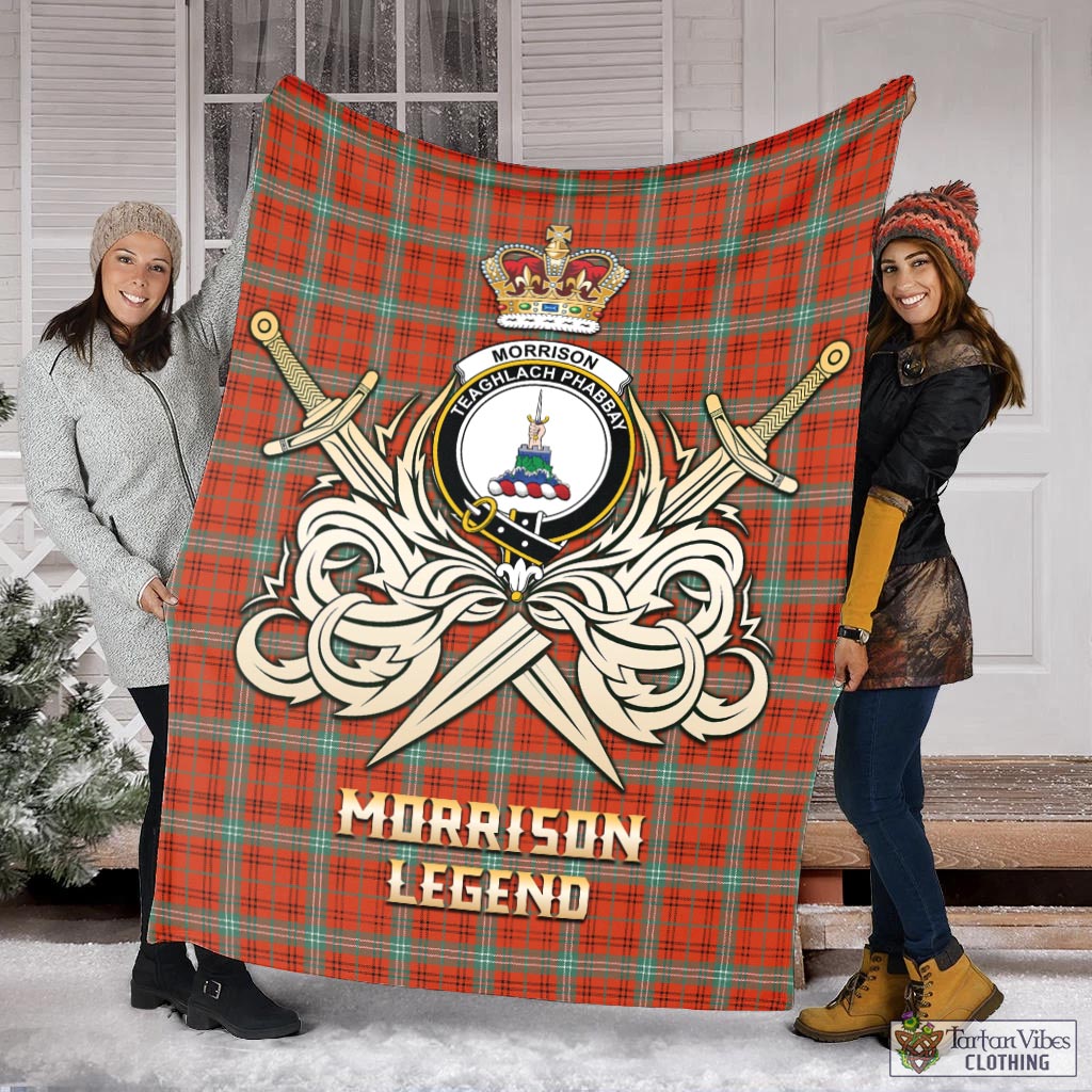 Tartan Vibes Clothing Morrison Red Ancient Tartan Blanket with Clan Crest and the Golden Sword of Courageous Legacy